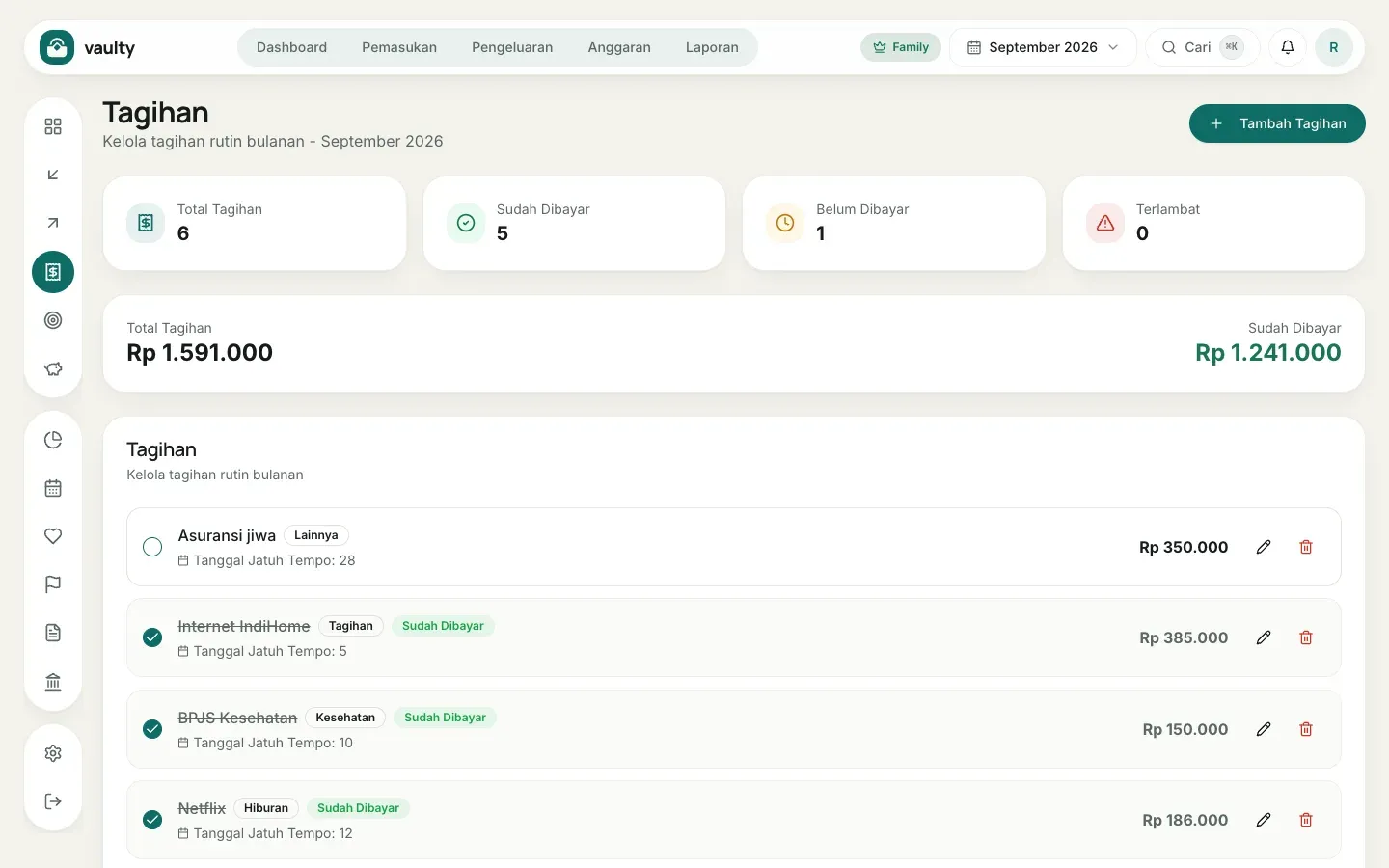 Halaman Tagihan dengan status lunas dan jatuh tempo