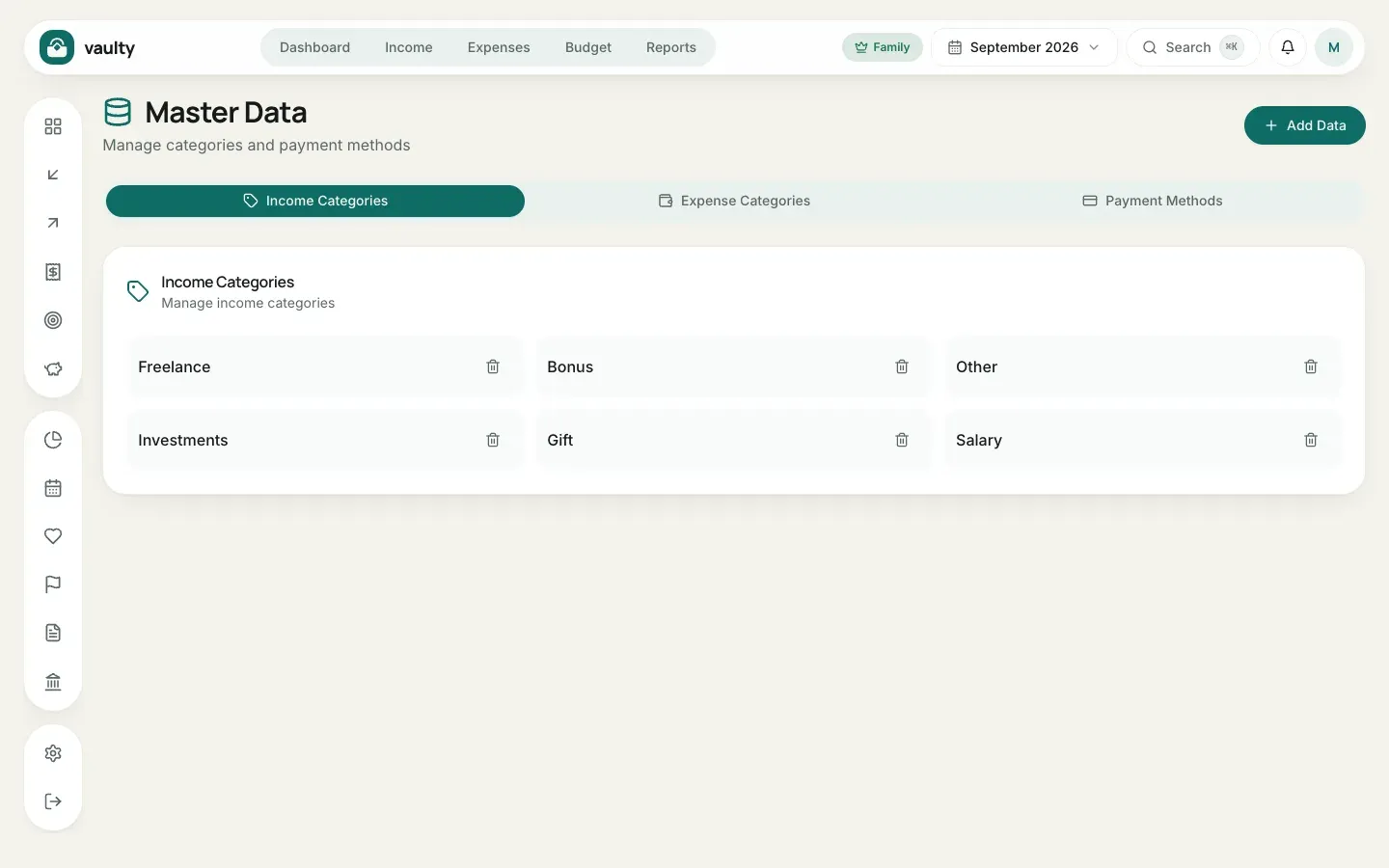 Master Data page with category and payment method tabs