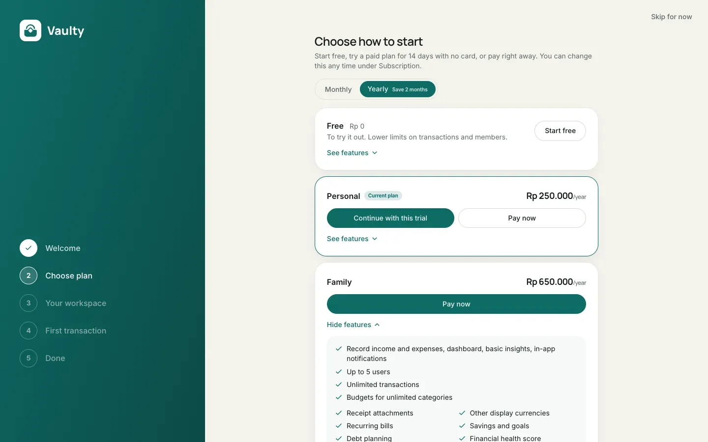 Onboarding workspace name, language, and currency step