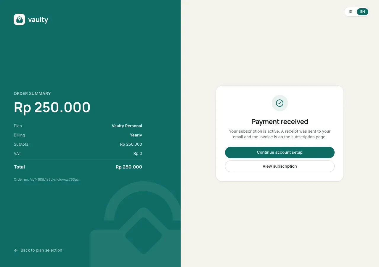 Payment received card with the Continue account setup button