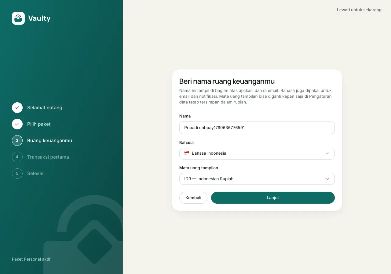 Onboarding lanjut di langkah Ruang keuanganmu setelah bayar, dengan Personal plan active