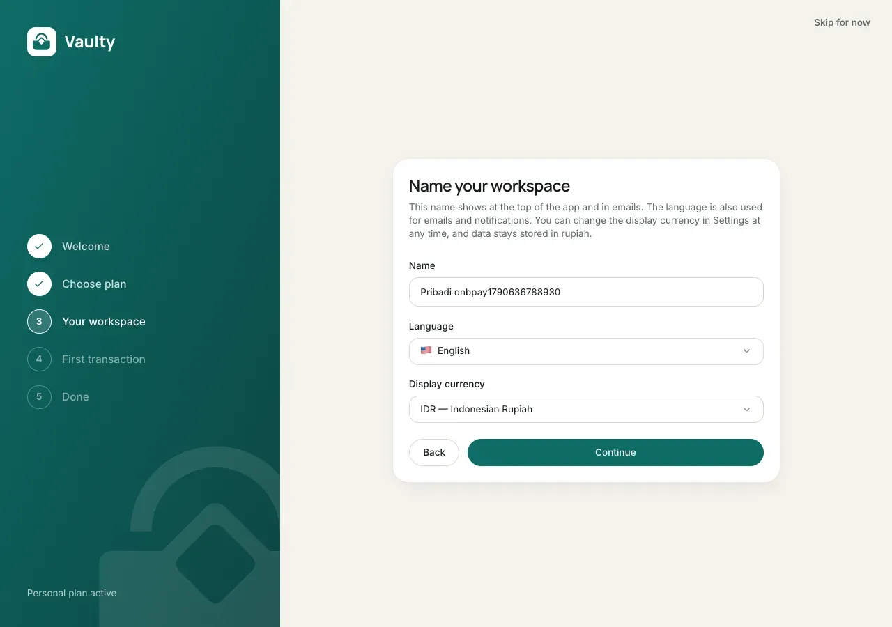 Onboarding resuming at the Your workspace step after paying, with Personal plan active