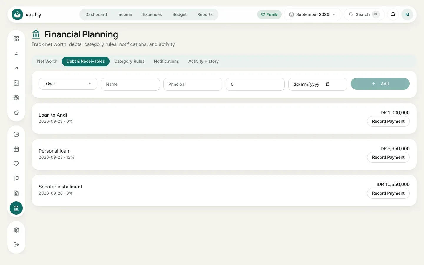 Debt and Receivables tab with the Record Payment button