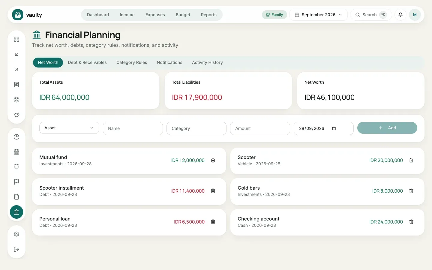 Net Worth tab with assets and liabilities