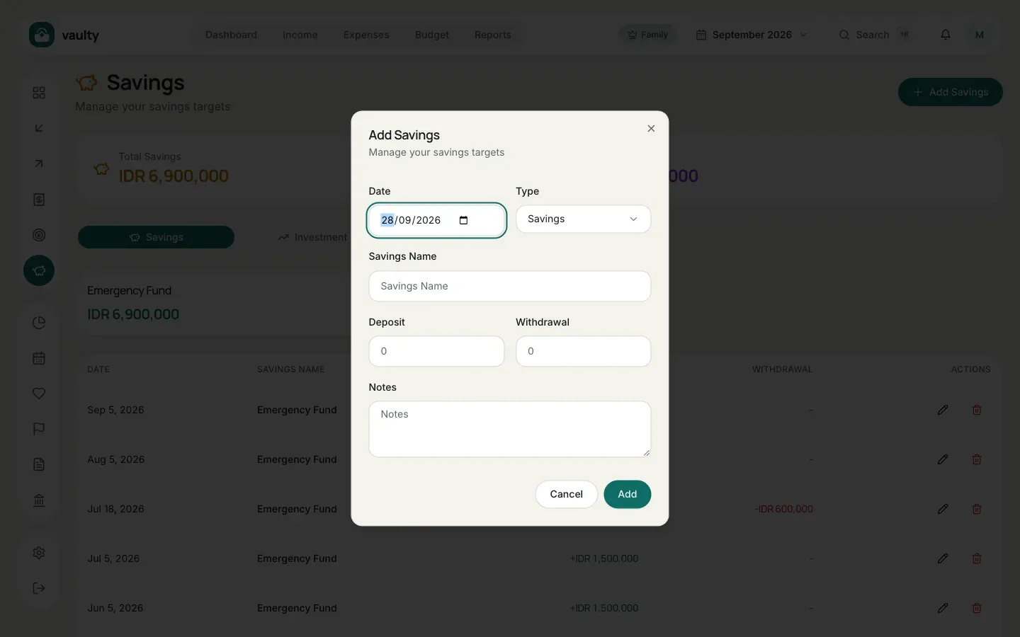 Add Savings form
