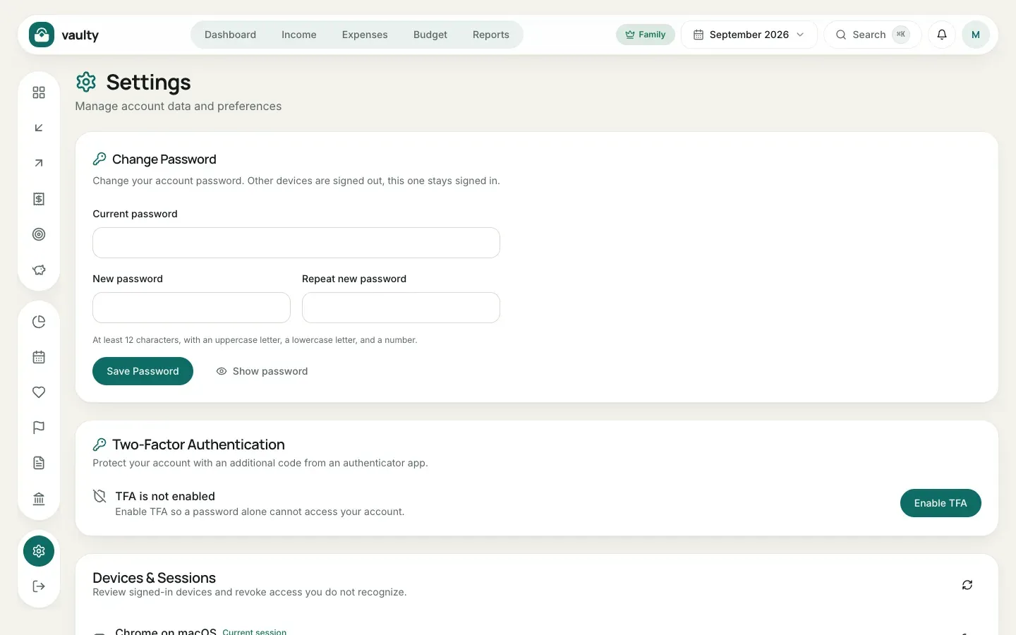Settings page