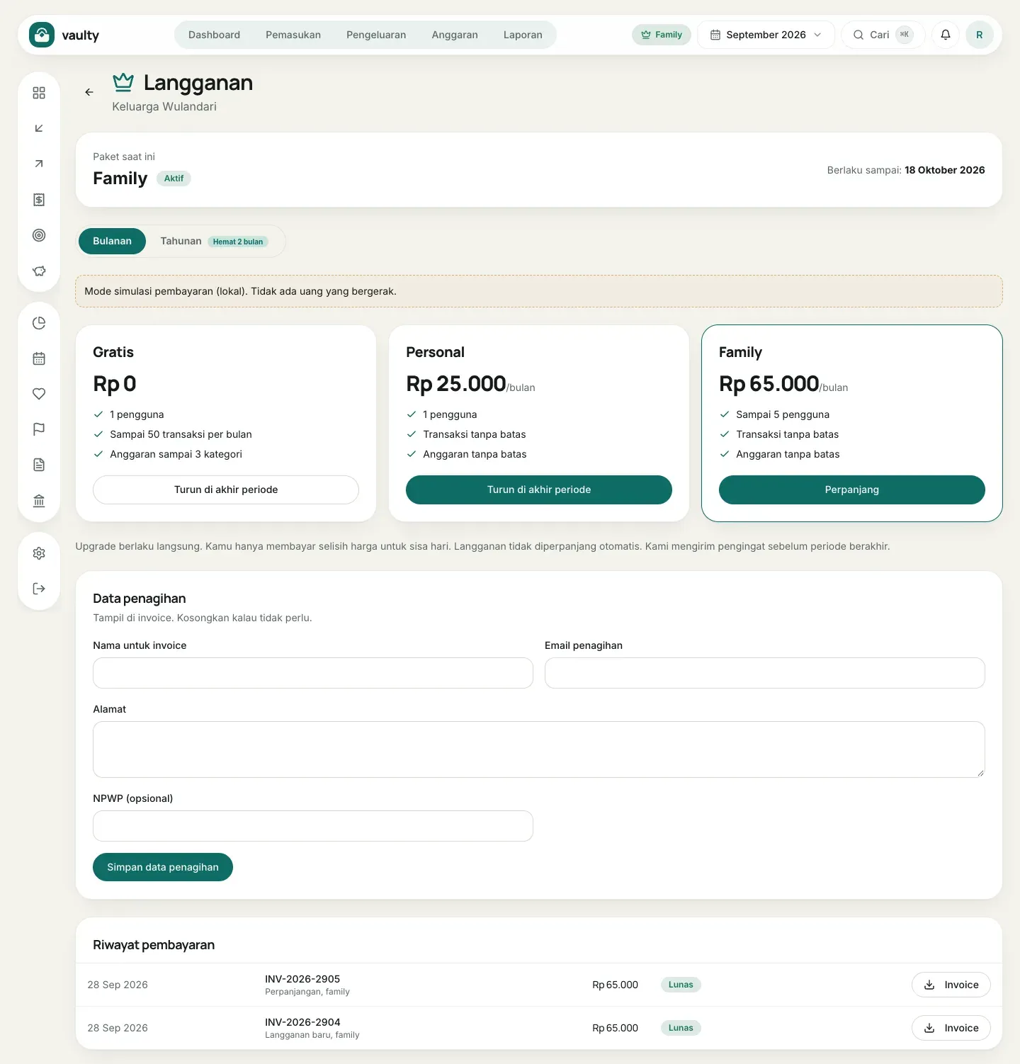 Halaman Langganan dengan paket saat ini, pilihan paket, data penagihan, dan riwayat pembayaran