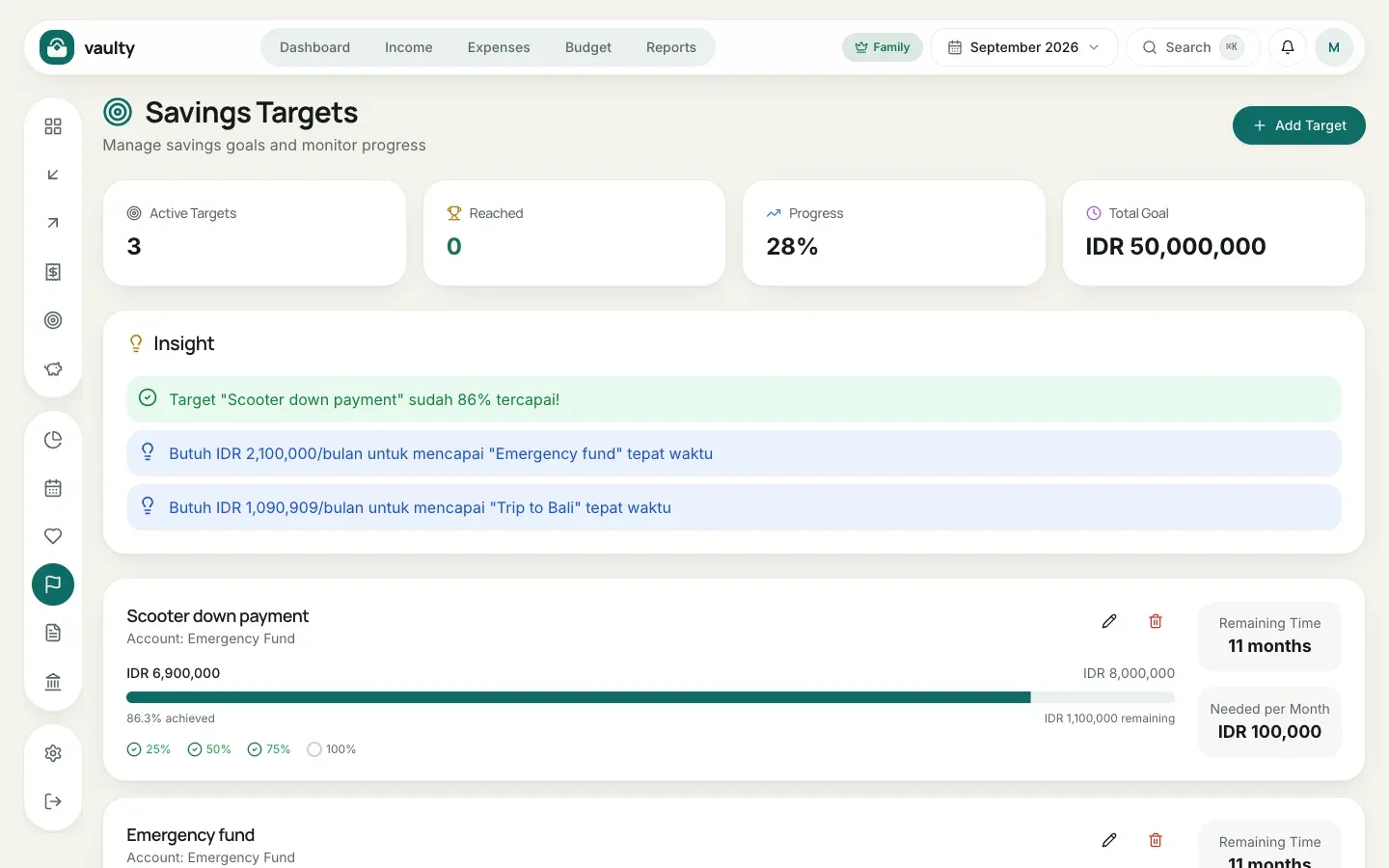 Savings Targets page with progress for each goal